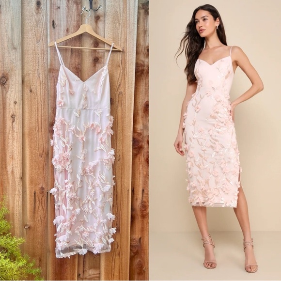 🌿 Blush Ballet Pink 3D Floral Embroidered Midi Dress 🌿 - Picture 1 of 12